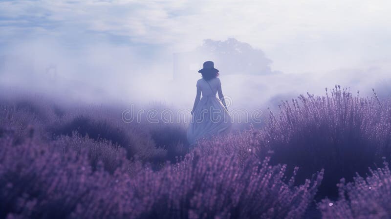 Etheral Woman står i en Dreamy Lavender Field Scene vektor illustrationer