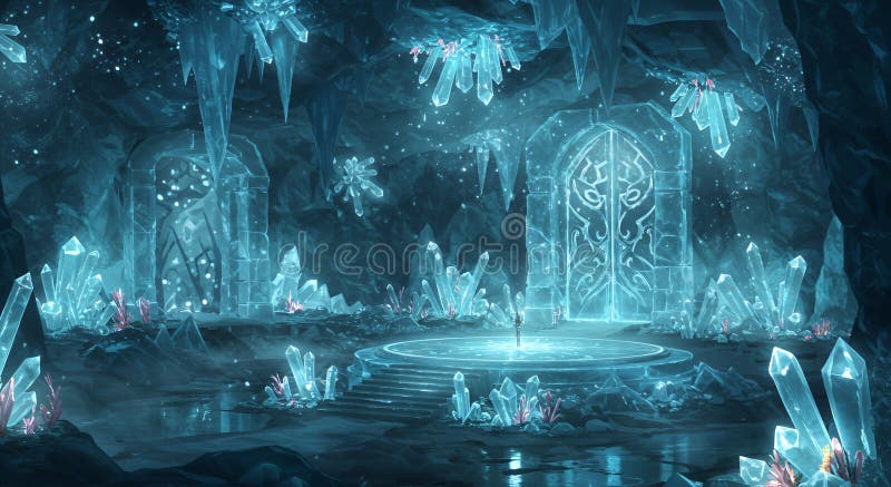 Ethereal Blue Crystal Cave со светящимся порталом иллюстрация вектора