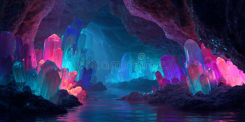 Ethereal Crystal Cave Vibrant Fantasy Artwork stock illustration
