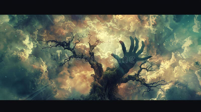 Ethereal depiction of ancient tree whose branches morph into hands, reaching towards the sky in a plea for environmental stock illustration