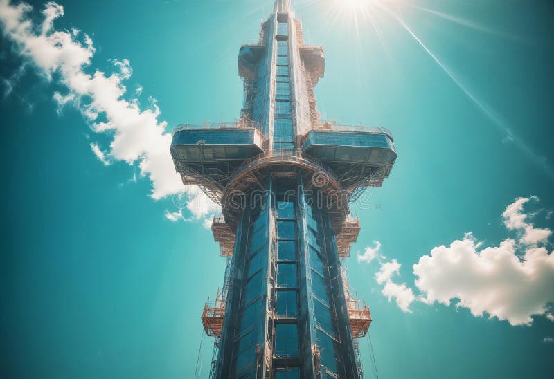 In the ethereal glow of a heavenly time-warped space elevator vector illustration