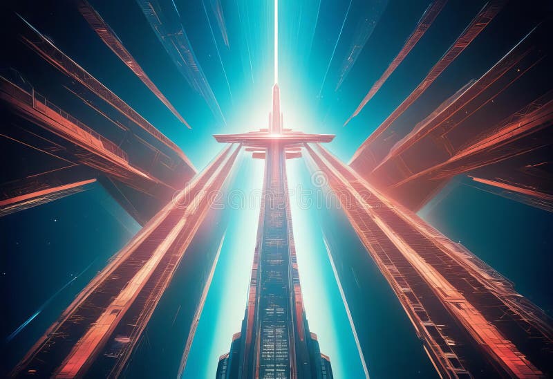 In the ethereal glow of a heavenly time-warped space elevator vector illustration