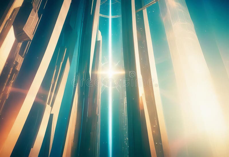 In the ethereal glow of a heavenly time-warped space elevator stock illustration