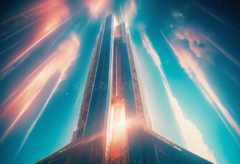 In the ethereal glow of a heavenly time-warped space elevator stock illustration