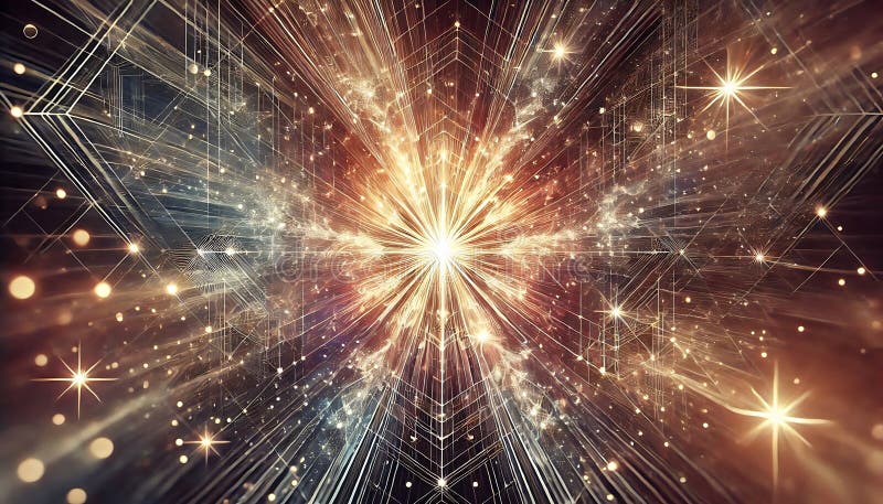 Ethereal glowing sunburst patterns radiating over an abstract geometric metallic texture created using generative AI for vector illustration