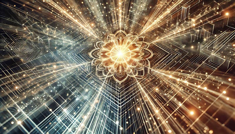Ethereal glowing sunburst patterns radiating over an abstract geometric metallic texture created using generative AI for royalty free illustration