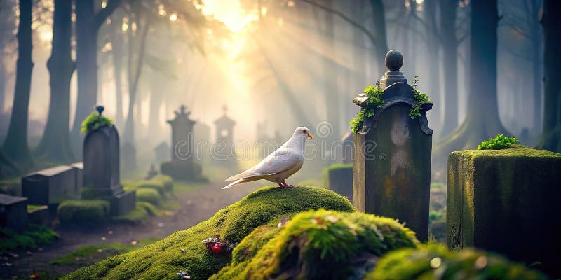 Ethereal Misty Morning na cmentarzu Dove on the Gravestone a Peaceful and Serene Scene ilustracji