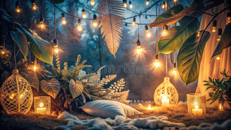 Ethereal Night Photography A Dreamy Boho Estetyka z miękkimi neutralnymi liśćmi ręcznymi i nieostrym tłem dla ilustracji