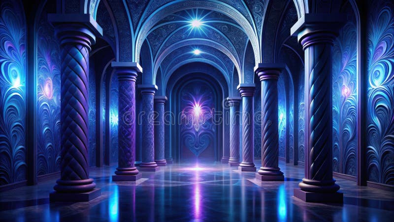 Ethereal palace hallway with illuminated columns and intricate wall designs. Generative AI royalty free illustration