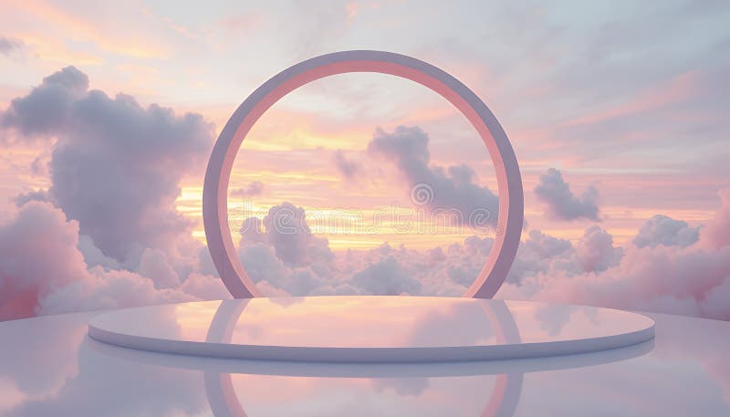 Ethereal Palest Sunset Cloudscape，带极简主义白色拱门和平台 库存例证