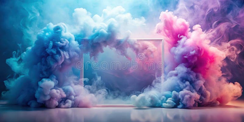 Ethereal Pastel Smoke Clouds Enveloping a White Square Frame. Generative AI stock illustration