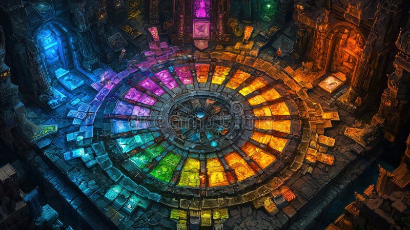 Rainbow stone circle in mystical dungeon stock photo