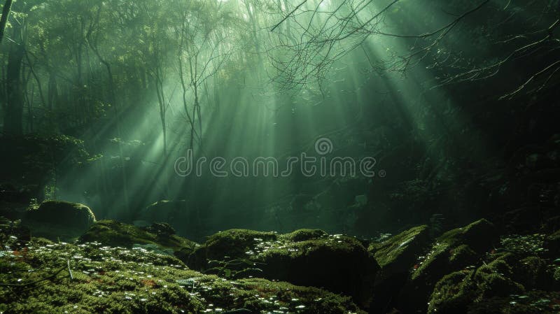 Ethereal sun rays piercing through a misty, dense forest, illuminating moss-covered rocks and creating a serene royalty free stock image