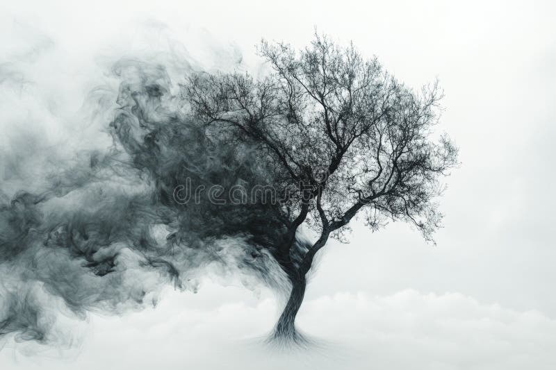 Ethereal Tree Outline Surrounded by Misty Smoke and Clouds vector illustration