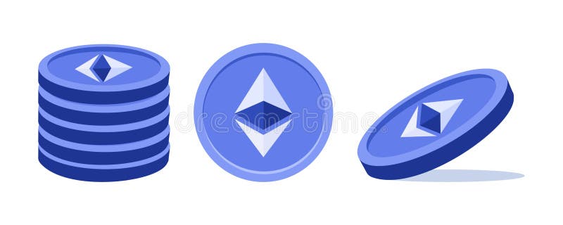 Ethereum coins in various perspectives on white background. vector illustration