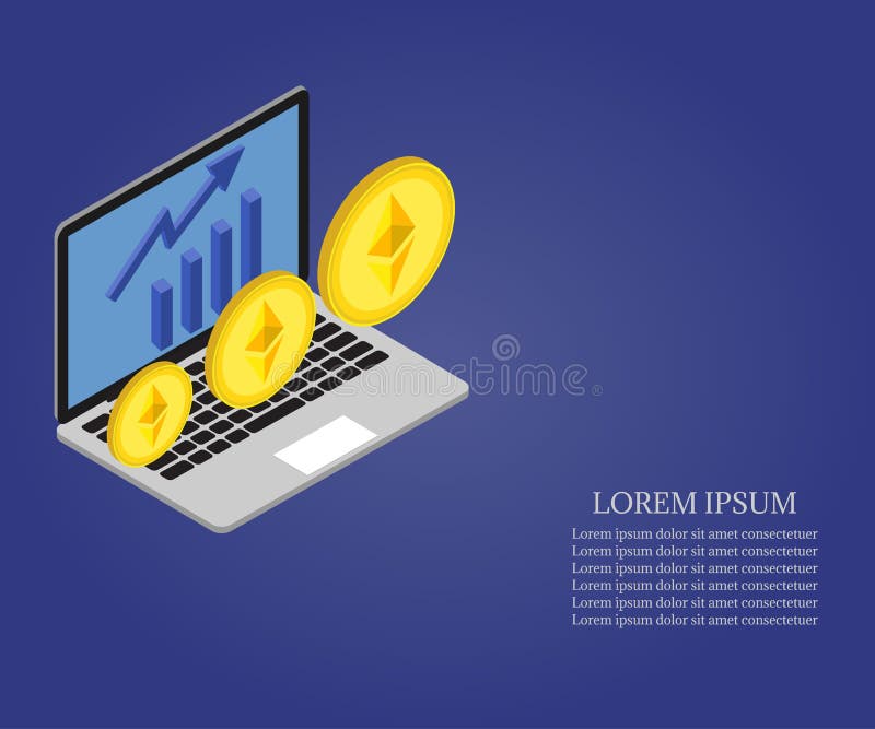 3d vector isometric ethereum growth concept. Abstract vector illustration of growth chart. Business success diagram, growing up. Business data visualization concept on laptop monitor.