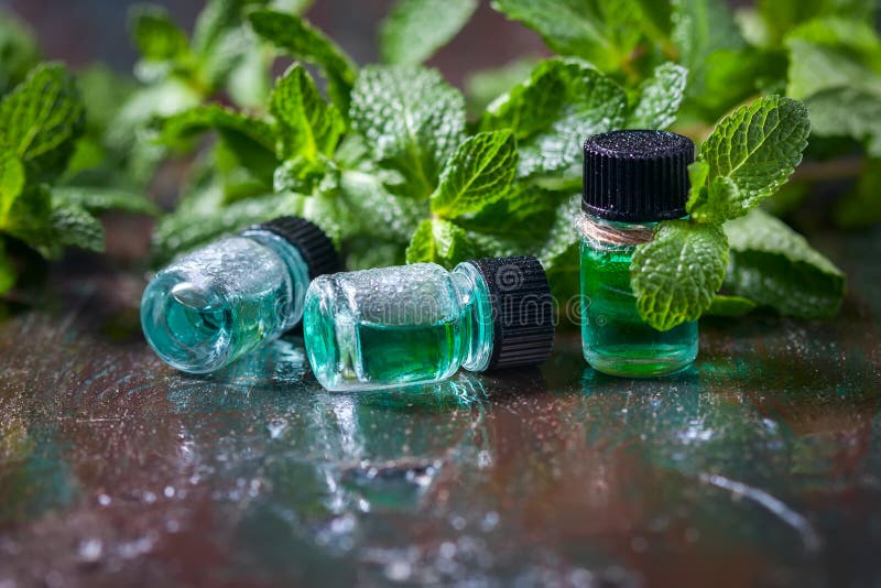 Etherische olie van pepermunt in kleine flessen, verse groene munt op houten achtergrond stock afbeeldingen Etherische olie van pepermunt in kleine flessen, verse groene munt op houten achtergrond stock afbeeldingen