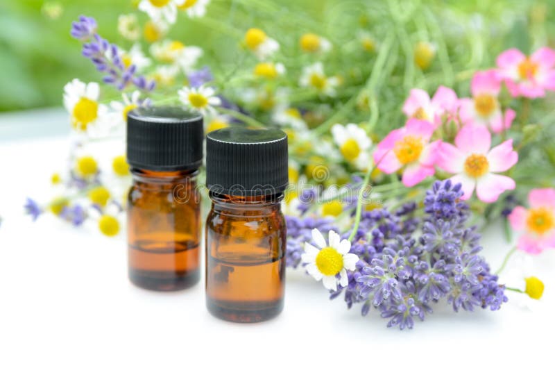 Essential oils with lavender and herbal flowers for aromatherapy treatment. Essential oils with lavender and herbal flowers for aromatherapy treatment