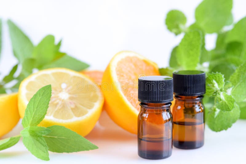 Essential oils with citrus fruits and mint in white background. Essential oils with citrus fruits and mint in white background