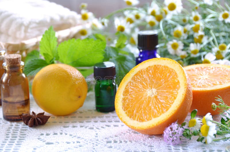 Fruits with essential oils and herbs. Fruits with essential oils and herbs