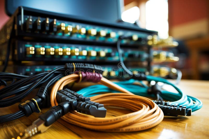 Ethernet cables connected to modern server rack for efficient network management stock photos