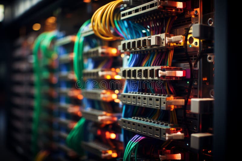Ethernet cables connected to network server enclosure for efficient data transmission stock image