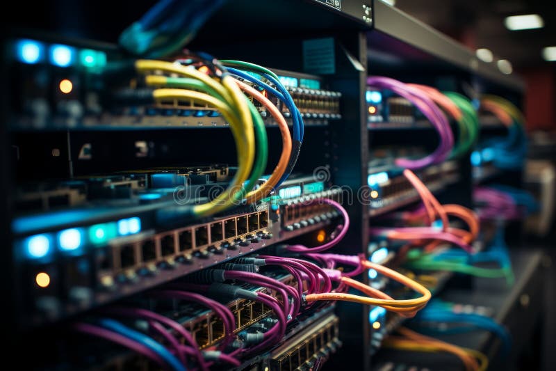 Ethernet cables connected to network server rack for efficient data transmission stock photo