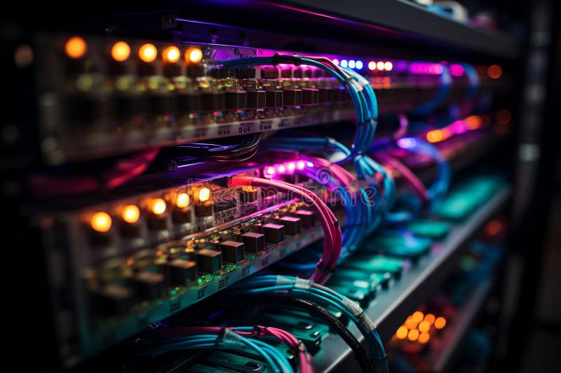 Ethernet cables connected to network server rack for efficient data transmission royalty free stock photography