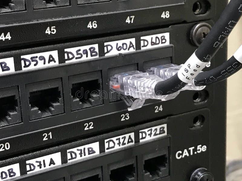 Ethernet cables connected to ports on numerated patch panels royalty free stock photo