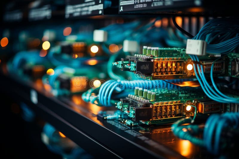 Ethernet cables connected to server rack for efficient data transfer in network infrastructure stock images