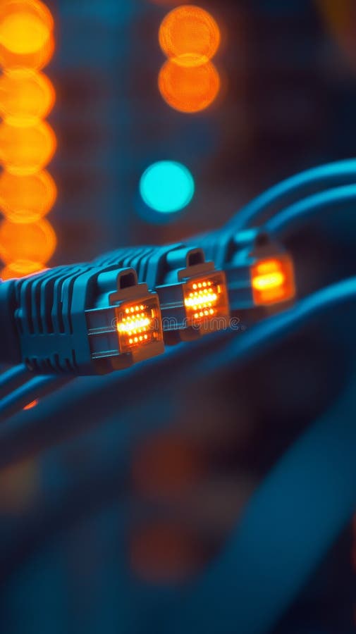 Ethernet cables with glowing orange lights in a server room royalty free stock image