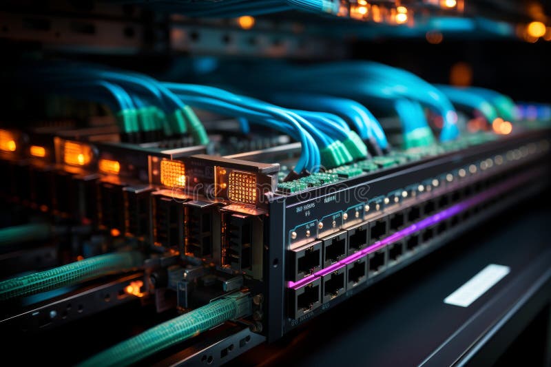 Ethernet cables linked to server rack for efficient data transmission and network connectivity royalty free stock image