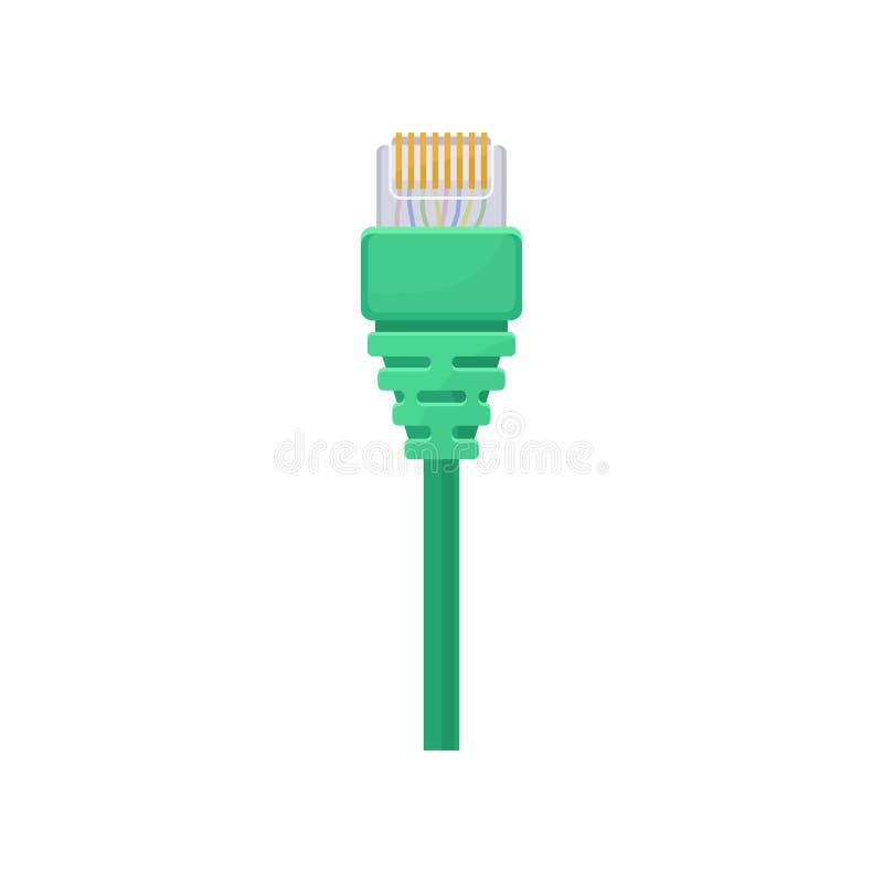 Ethernet connector with green cable. Registered jack. Item for connecting computer and data equipment. Flat vector icon