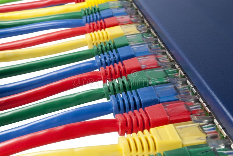 Ethernet network cables connected to a router stock photo