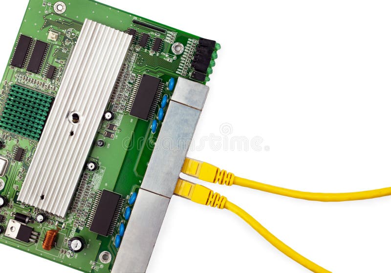 Ethernet switch board with two yellow patch cords top view. There are place for text in the right.