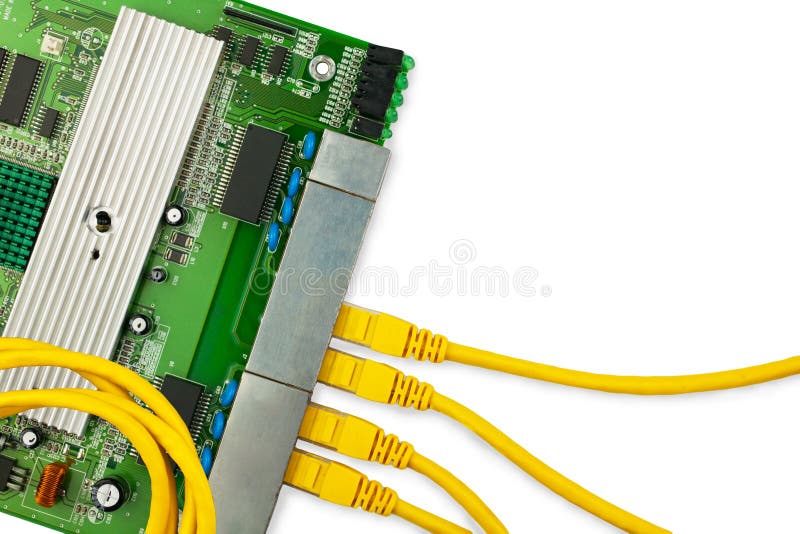 Ethernet switch board with 4 yellow patch cords and circle patchcord on the top. stock image