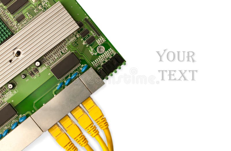 Ethernet switch board with yellow patch cords top view stock photo