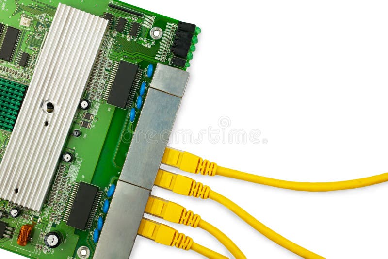 Ethernet switch board with yellow patch cords top view. stock photos