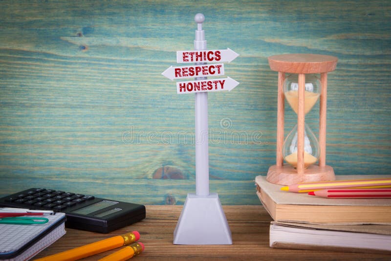 Ethics respect honesty, code of conduct. Signpost on wooden table royalty free stock images Ethics respect honesty, code of conduct. Signpost on wooden table royalty free stock images