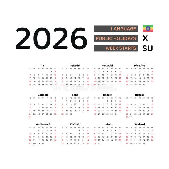 Ethiopia Calendar 2026. Week Starts from Monday. Vector Graphic Design