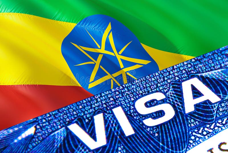 Ethiopia visa document close up. Passport visa on Ethiopia flag. Ethiopia visitor visa in passport,3D rendering. Ethiopia multi stock illustration