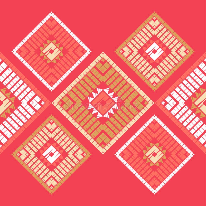 Ethnic boho seamless pattern. Embroidery on fabric. Patchwork texture. Weaving. Traditional ornament. Tribal pattern. Folk motif.