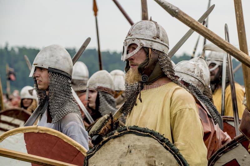 Ethnic Festival of Ancient Culture. Reconstruction of medieval warriors of knights in battle