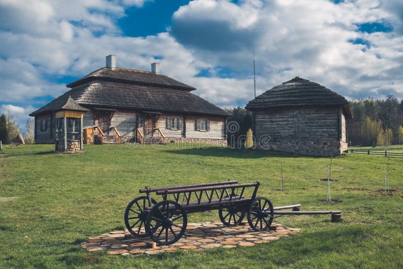 Ethnic house on rural landscape - birthplace of Kosciuszko in Kossovo village, Belarus.