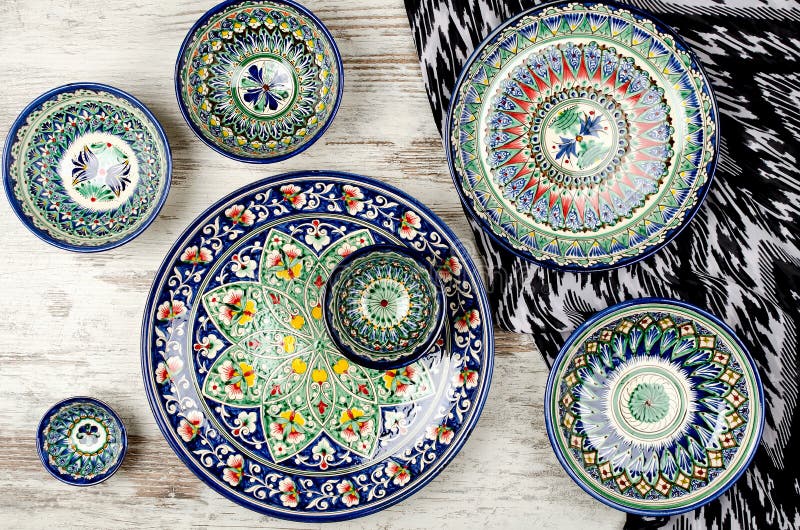 Ethnic Uzbek ceramic tableware.