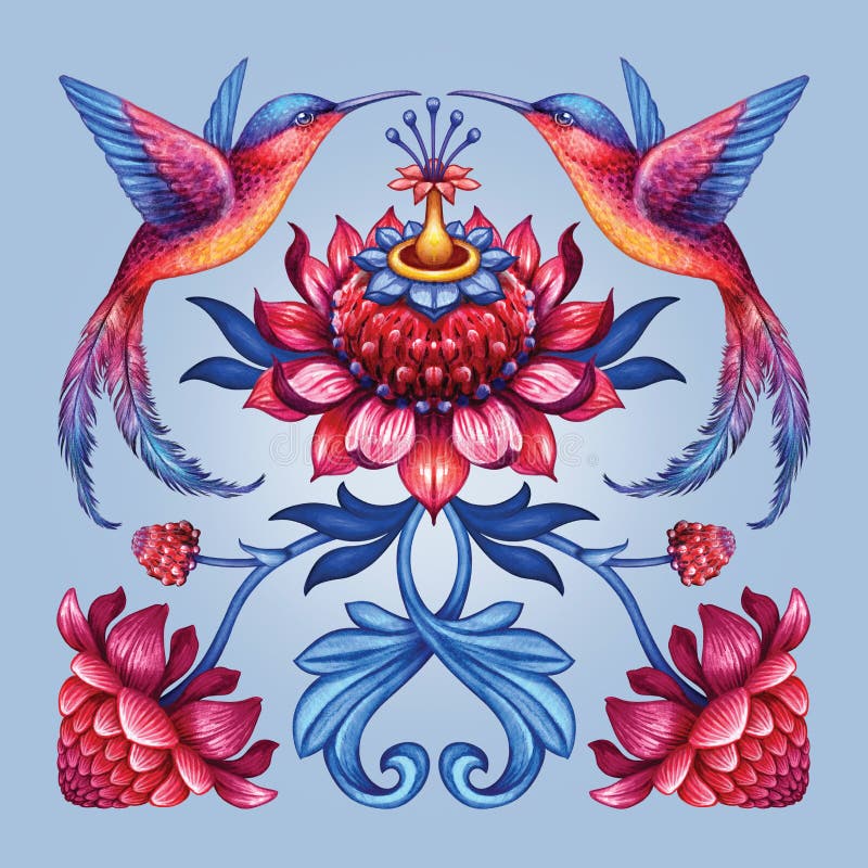 Ethnic ornament with birds, isolated red blue folklore motif, floral background, square botanical kerchief design, traditional embroidery pattern, boho fashion print, tropical watercolor illustration. Ethnic ornament with birds, isolated red blue folklore motif, floral background, square botanical kerchief design, traditional embroidery pattern, boho fashion print, tropical watercolor illustration