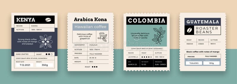 Etichetta caffè. etichetta del pacchetto alimentare con layout di griglia minimalista. vignetta per l'espresso in arabica organica illustrazione di stock