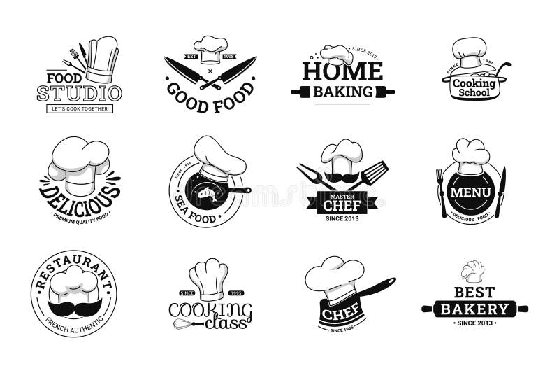 Etichetta di cottura. menù dello chef in studio alimentare e etichette di classe della scuola di cucina con quel set di vettori royalty illustrazione gratis