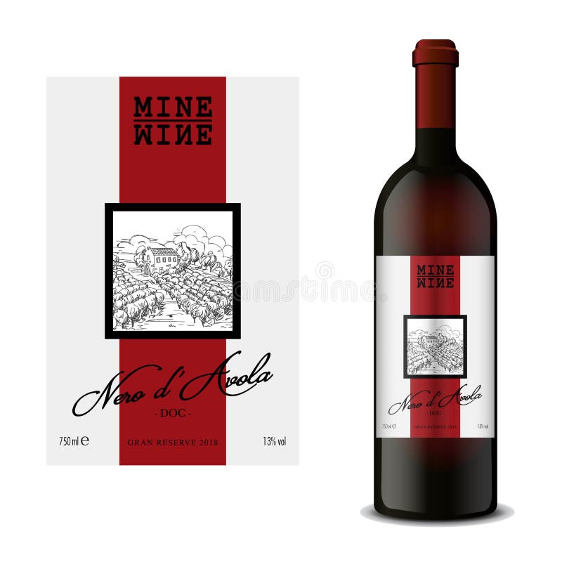 Etichetta moderna del vino di vettore con la bottiglia del vino rosso illustrazione vettoriale Etichetta moderna del vino di vettore con la bottiglia del vino rosso illustrazione vettoriale