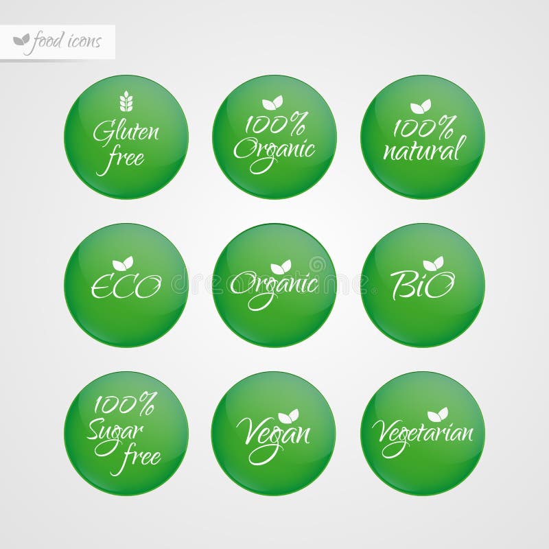Etichetta naturale di Eco del glutine dello zucchero di Eco del bio- vegetariano libero organico del vegano bio- Icone di logo de royalty illustrazione gratis